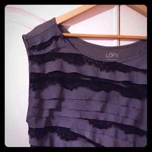 LOFT grey shirt w/ ruffle & lace embellishment