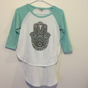3/4 sleeve white and turquoise shirt