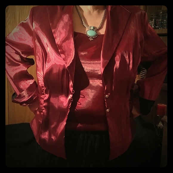 Maroon silk tank top with a jacket