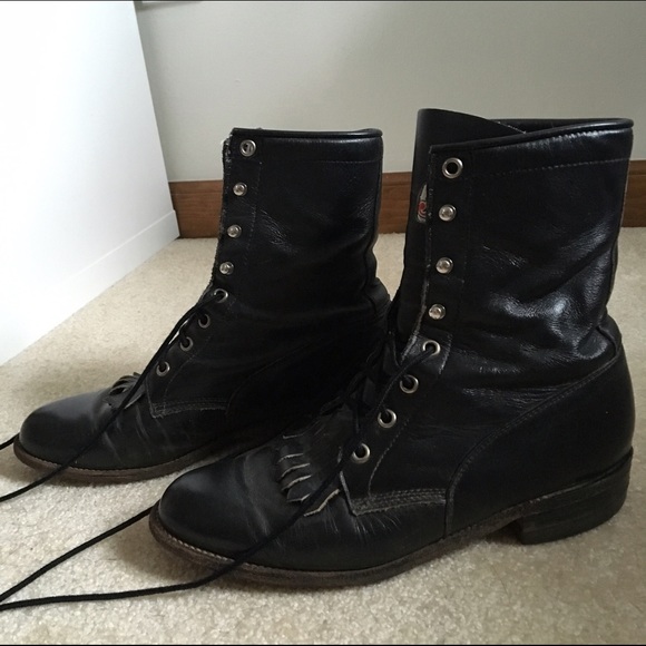 Black Leather Justin Combat Army Lace Up Boots