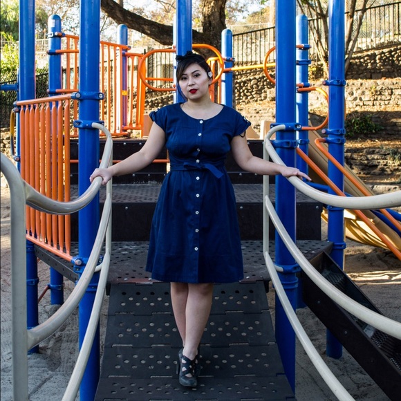 Chetta B designer dress. Navy blue 50s style dress