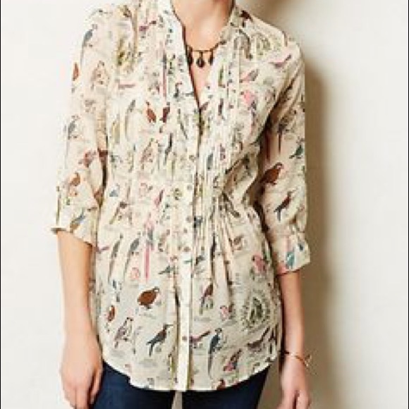 Anthropologie pin-tucked bird print blouse
