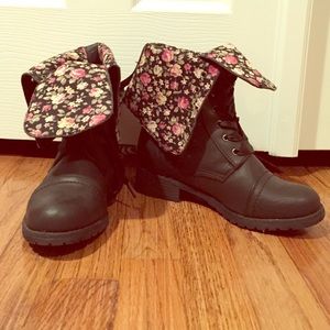 Floral cuffed black combat boots