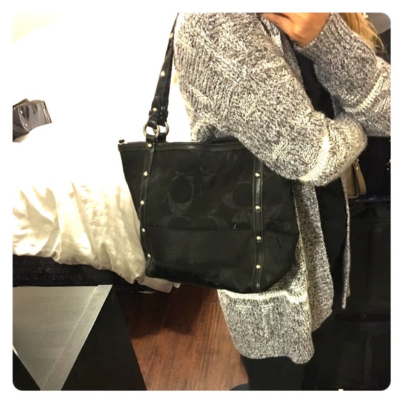 Coach Signature Black Studded Lurex Tote - Picture 1 of 3