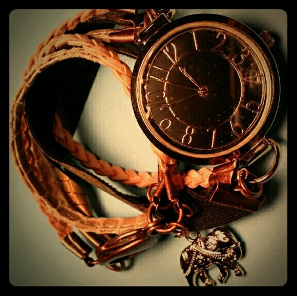 Black gold leather snake skin wrap strap watch