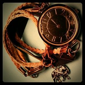 Black gold leather snake skin wrap strap watch