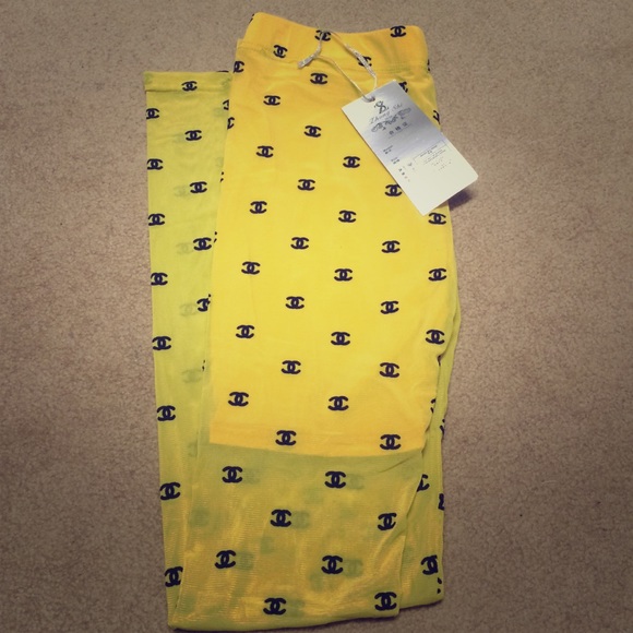 Yellow Lycra Chanel print leggings