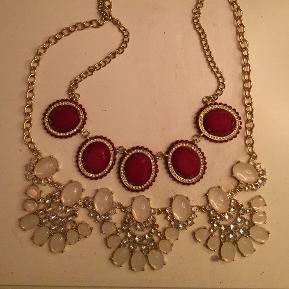 Red jeweled necklace and pink chunky necklace