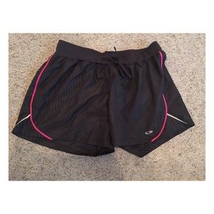 gray and pink running shorts