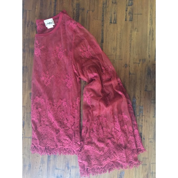 Tops - Boho red lace top with bell sleeves & open back