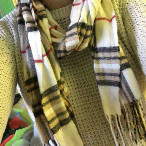White, black, red, and tan "Burberry print" scarf
