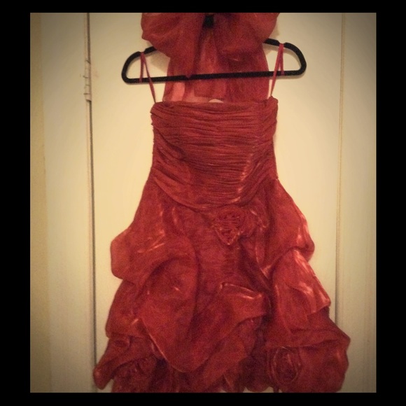 Red Puffy Strapless Prom Dress With Shash
