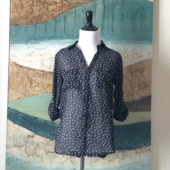 Sheer Black Patterned Button Down with Lace