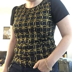 MAISON JULES Sheer Sequined Top with Buttoned Back