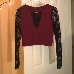 maroon crop top with lace sleeves