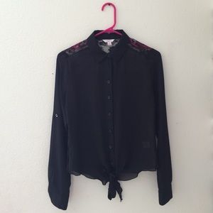 Black Button Up Blouse with floral lace
