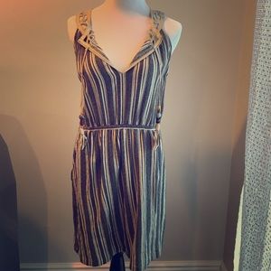 Navy striped summer dress with leather trim