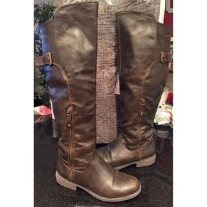 Dark brown faux leather over the knee boots