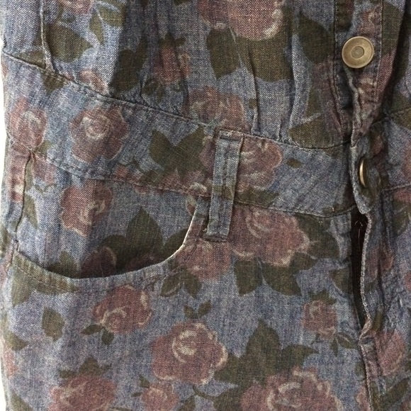 Denim short overalls with floral print
