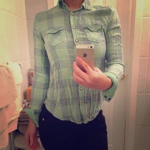 Plaid green button down top
