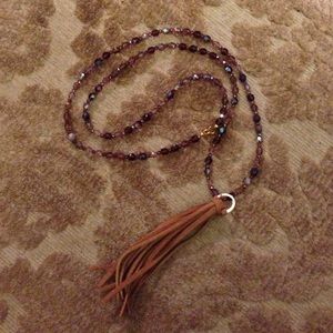 Purple crystal long necklace with cognac tassel