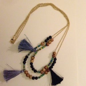 Shades of blue. Tassel, layered necklace.