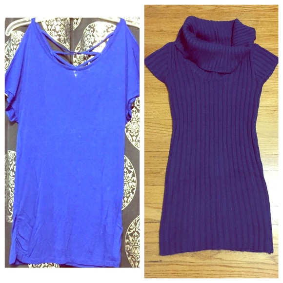 Blue bare shoulders shirt and blue cowl neck tunic