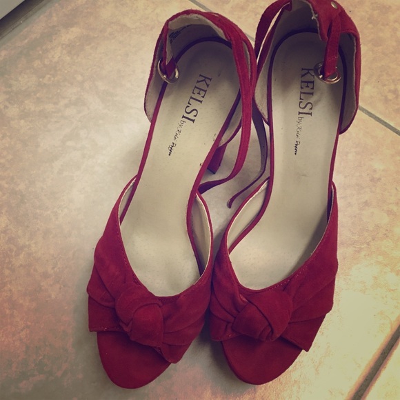 Red faux suede platform heels. Retro looking!