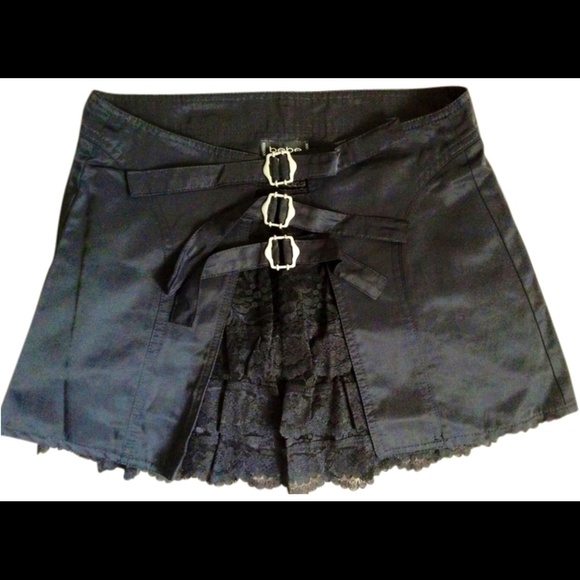 new runway BEBE black duo ruffle mini skirt Sz L