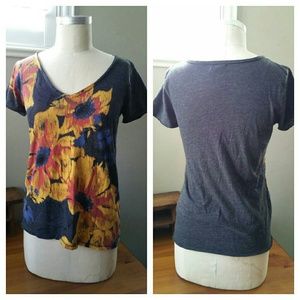 Lucky Brand Black V-neck Tee with Flower Print