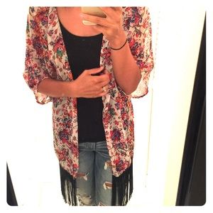Floral sheer kimono with fringe