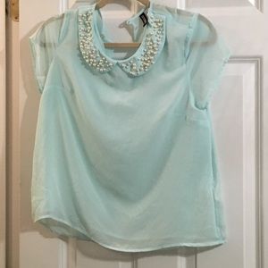 Mint Pearl Collar Top