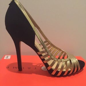 Black and gold multi suede heels