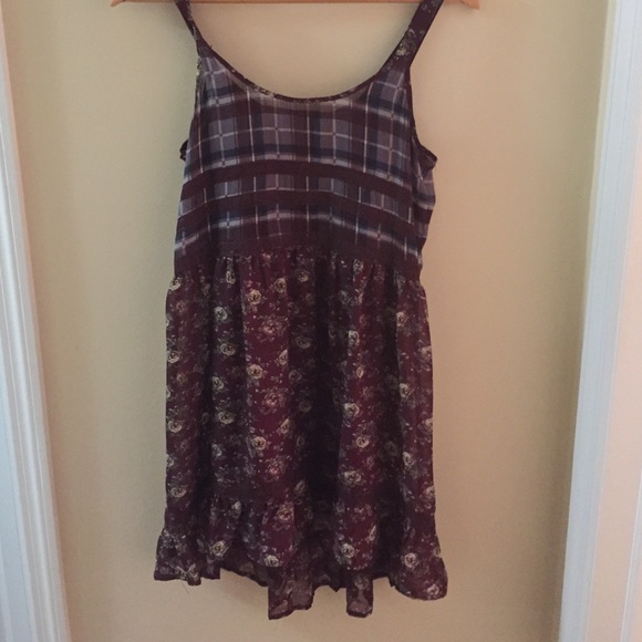 Burgundy plaid and floral layered dress