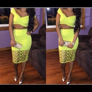 Neon yellow skirt and top!