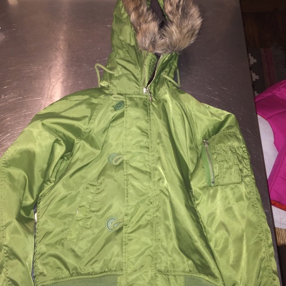 Green puffer with fur hood