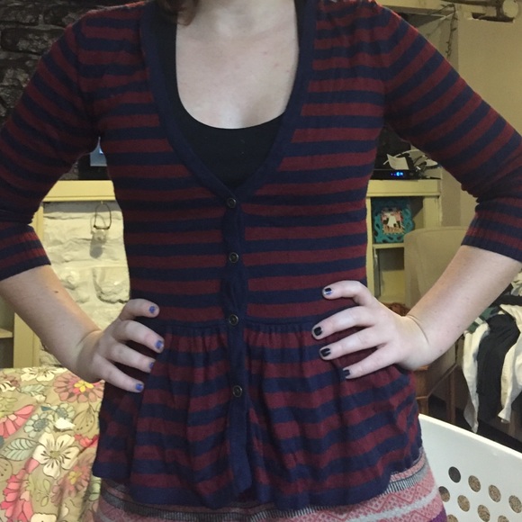 Red and blue striped peplum cardigan