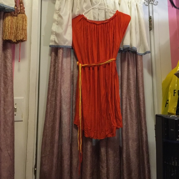 Tube top dress with orange and yellow waist belt