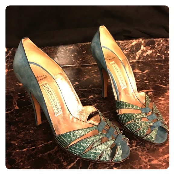 Vintage turquoise suede & snakeskin heels Size 38 - Picture 1 of 4