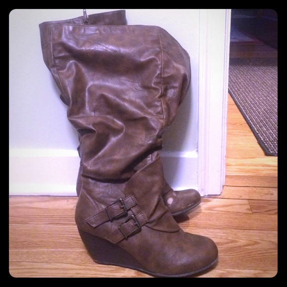 Zip up wedge knee high boots