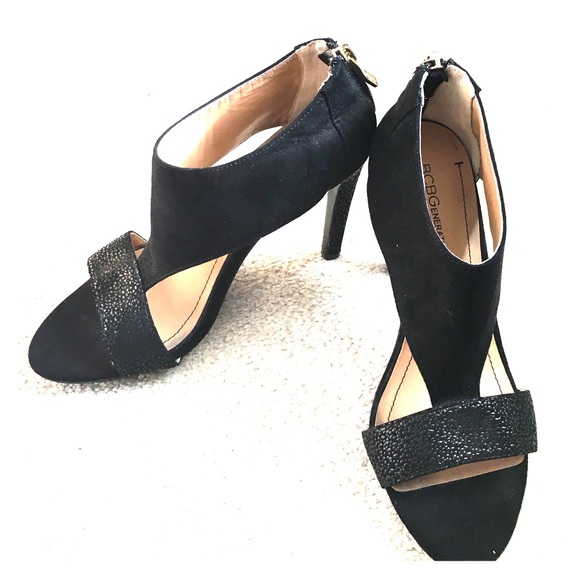 BCBG black suede open toe heels