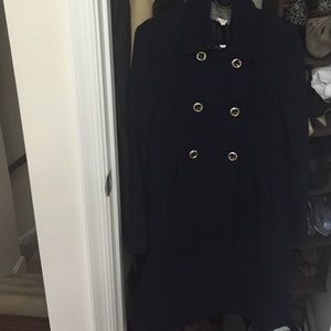 Jcrew Double Cloth Navy Coat with gold buttons.