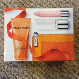 Clinique Happy gift set with small makeup case.