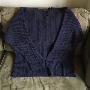Men's wool cable knit sweater in navy.