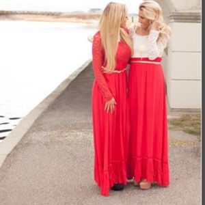 Red and white maxi dress