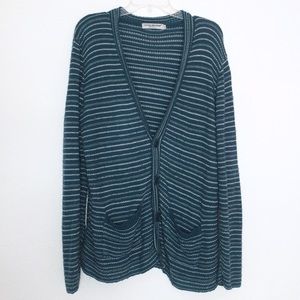 Oversized teal and white striped sweater