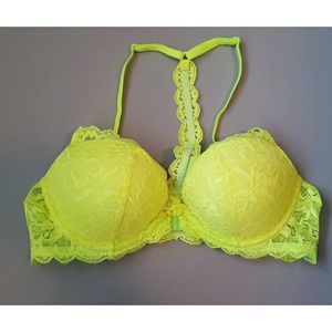 Pink lacey neon green bra