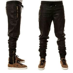 Black leather joggers