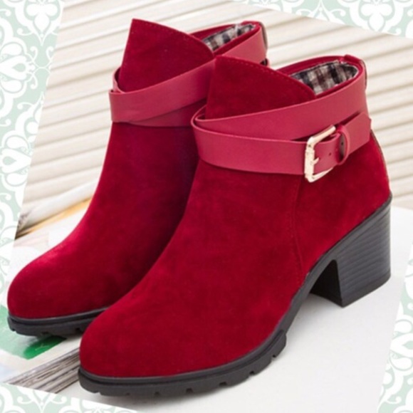 Shoes - •Red Suede Buckle Booties with Heel! (SIZE 7.5)•