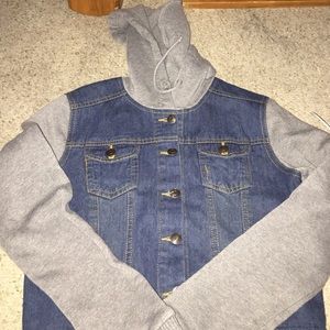 Button up jean jacket w/ hood and hoodie sleeves